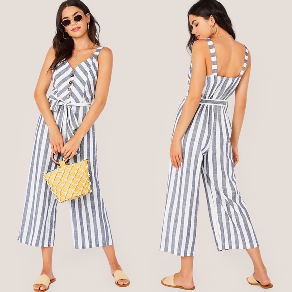 Striped jumpsuit blue white buttoned belted - Picture 3 of 3